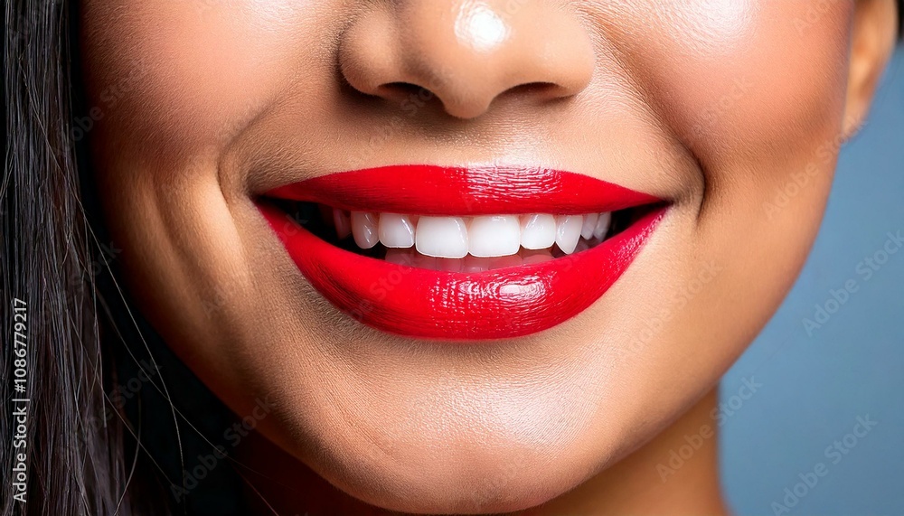 Fototapeta premium Close-up portrait of a smiling woman with flawless skin and red lipstick