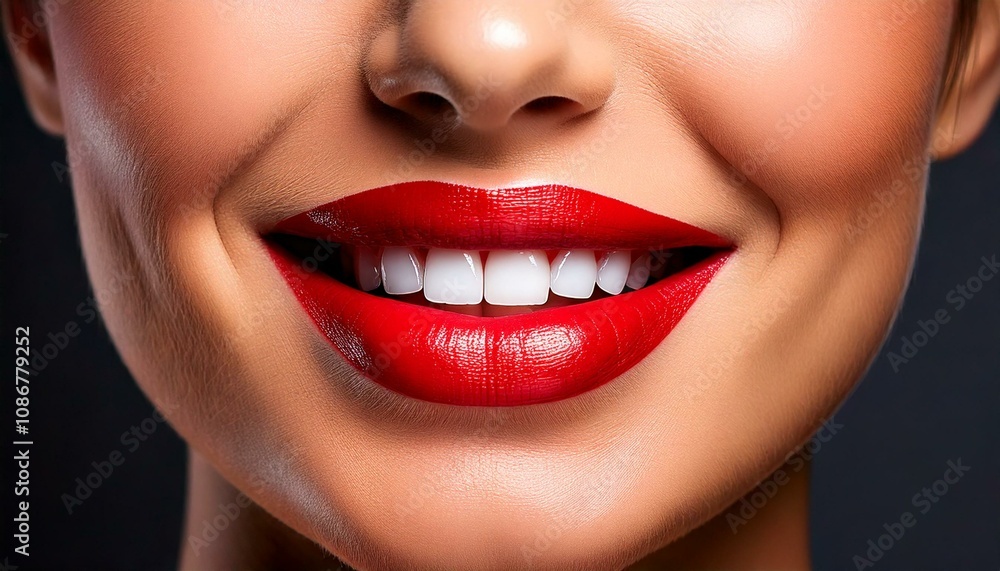 Close-up portrait of a smiling woman with flawless skin and red lipstick Close-up portrait of a smiling woman with flawless skin and red lipstick