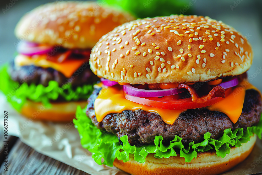 Juicy cheeseburgers with crispy bacon and fresh vegetables on a wooden table at a summer picnic. Generative AI Juicy cheeseburgers with crispy bacon and fresh vegetables on a wooden table at a summer picnic. Generative AI