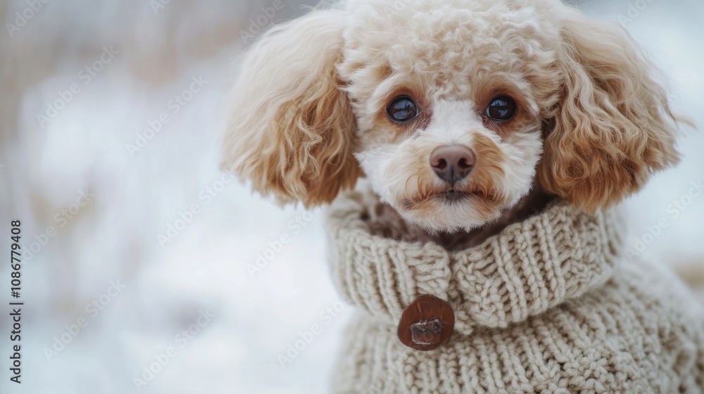 Adorable dog in cozy sweater against winter backdrop Adorable dog in cozy sweater against winter backdrop