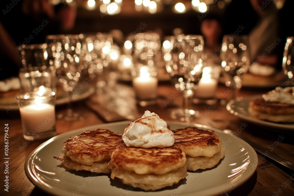 Close-up of golden latkes with sour cream at a festive dinner table. Close-up of golden latkes with sour cream at a festive dinner table.