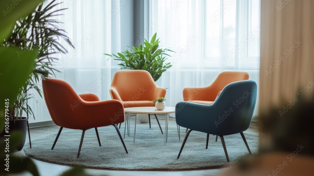 Fototapeta premium Modern office lounge with orange and blue chairs and a coffee table