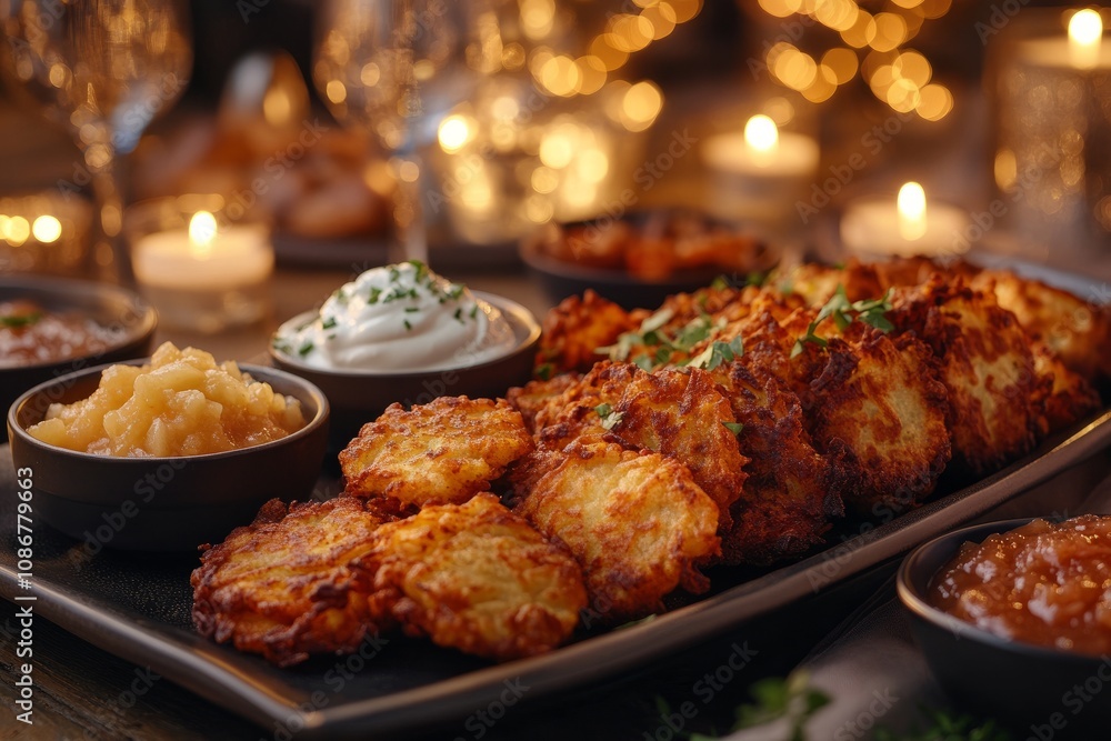 Platter of crispy latkes with sour cream and applesauce garnished with herbs. Platter of crispy latkes with sour cream and applesauce garnished with herbs.