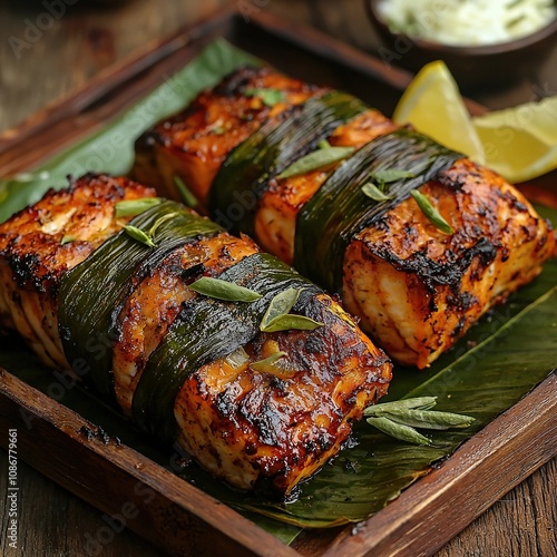 meen pollichathu in banana leaf indian food photo