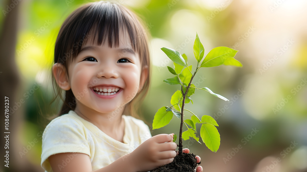 A happy Asian child smiles brightly while holding a small tree sapling A happy Asian child smiles brightly while holding a small tree sapling