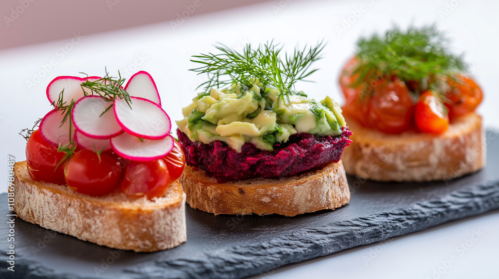 Gourmet vegan bruschetta trio with vibrant toppings Gourmet vegan bruschetta trio with vibrant toppings