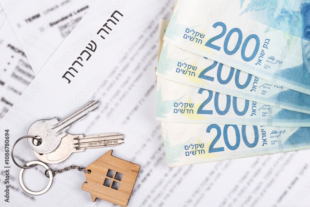 Rental or Residential Lease agreement, magnifying glass, Shekels money cash, and house keys. Short and long term rentals, housing searching crisis in Israel, signing contract, and rising prices. Rental or Residential Lease agreement, magnifying glass, Shekels money cash, and house keys. Short and long term rentals, housing searching crisis in Israel, signing contract, and rising prices.