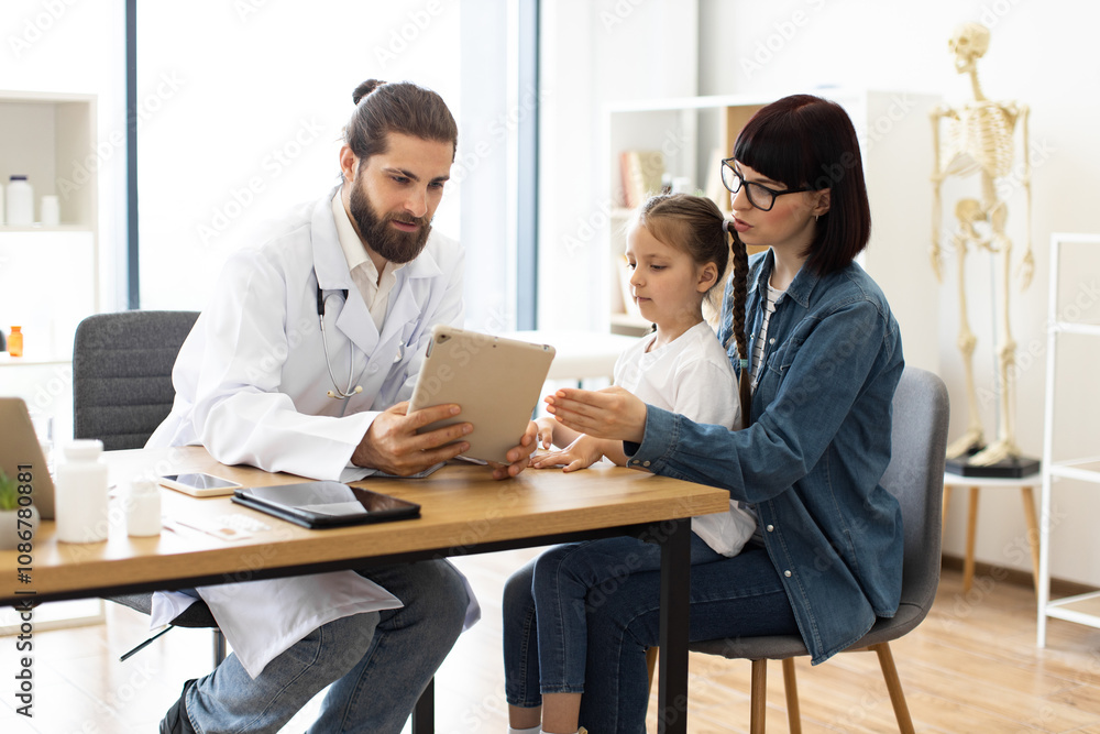 Caucasian male doctor shows test results to Caucasian mother and daughter in modern clinic. Doctor explains treatment options while mother and child attentively listen. Caucasian male doctor shows test results to Caucasian mother and daughter in modern clinic. Doctor explains treatment options while mother and child attentively listen.