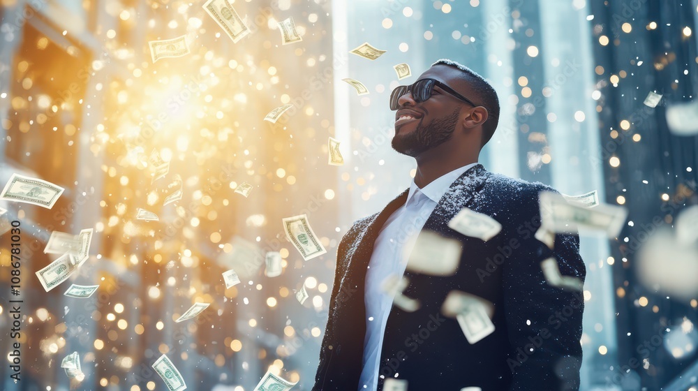 A confident man in sunglasses and a suit stands under a cascade of dollar bills in a bustling cityscape. Concept: power and success A confident man in sunglasses and a suit stands under a cascade of dollar bills in a bustling cityscape. Concept: power and success