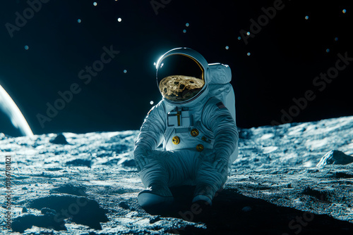 Astronaut sitting on the moon, astronaut tired, rest in space.