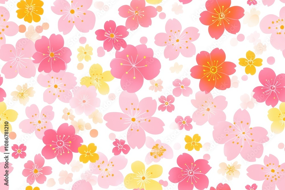 Bright, seamless cherry blossom pattern with pink and yellow flowers on a white background, conveying a spring and floral theme. Bright, seamless cherry blossom pattern with pink and yellow flowers on a white background, conveying a spring and floral theme.