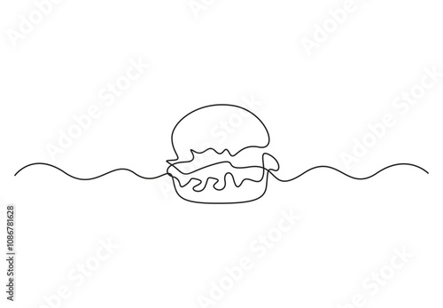 Continuous single line drawing of burger. Single line drawing of hamburger. Silhouette of fast-food restaurant burger with cheese, cutlet and salad. Vector illustration