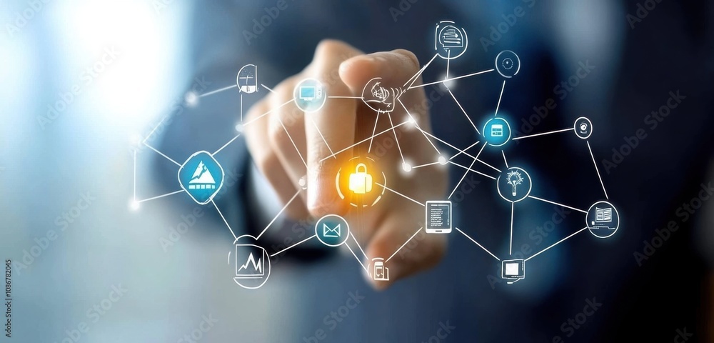 Innovative Hand Touching Digital Interface with Technology Icons Representing Security, Data, Communication, and Connectivity in Modern Business Environment Innovative Hand Touching Digital Interface with Technology Icons Representing Security, Data, Communication, and Connectivity in Modern Business Environment