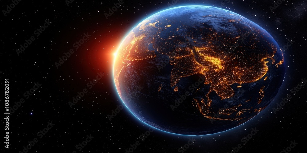 Stunning View of Earth from Space During Sunrise, Highlighting City Lights and Natural Landscapes with a Beautiful Glow and Stars in the Background Stunning View of Earth from Space During Sunrise, Highlighting City Lights and Natural Landscapes with a Beautiful Glow and Stars in the Background