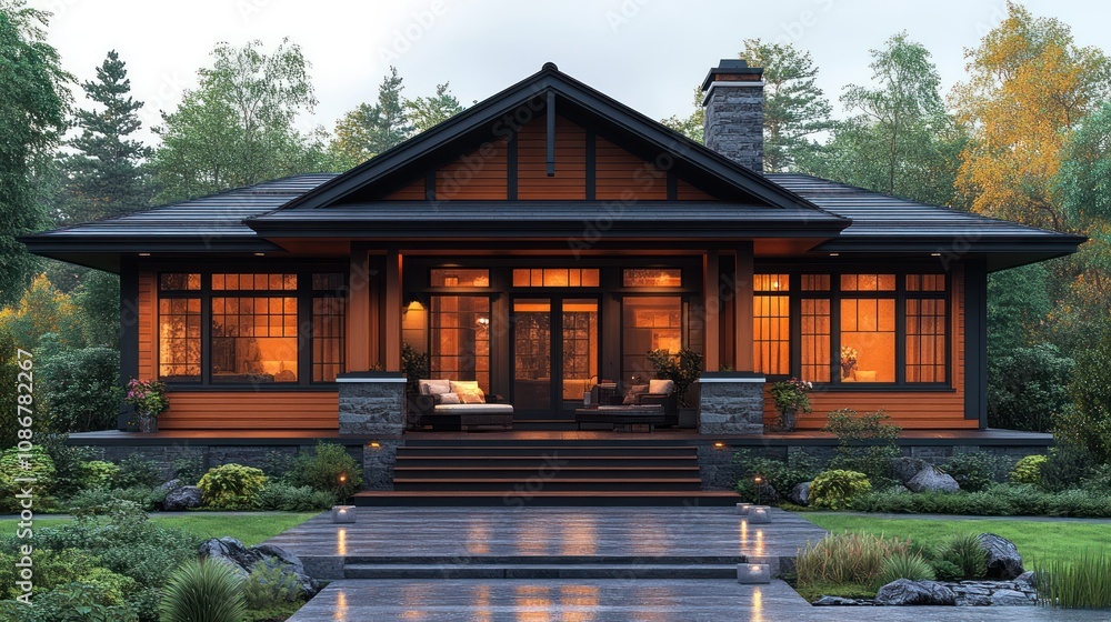 A 3D highly detailed classic bungalow with detailed wood siding, sloping roof, and a large front porch, placed on a white background. A 3D highly detailed classic bungalow with detailed wood siding, sloping roof, and a large front porch, placed on a white background.