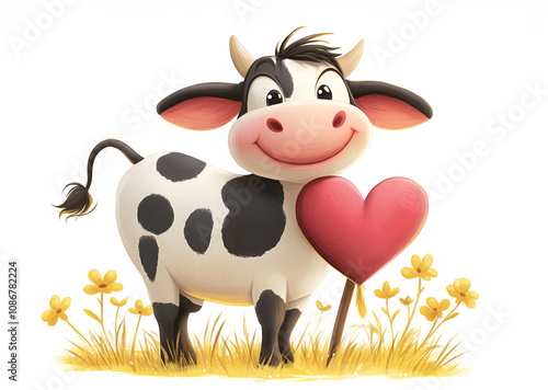 Cute cow holding a balloon with heart photo