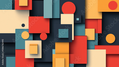Modern abstract geometric composition with colorful shapes.