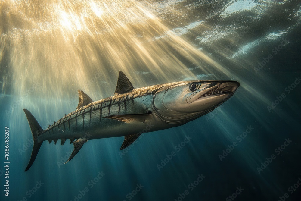 Fototapeta premium Barracuda Near Surface A sleek barracuda swims close to the water's surface