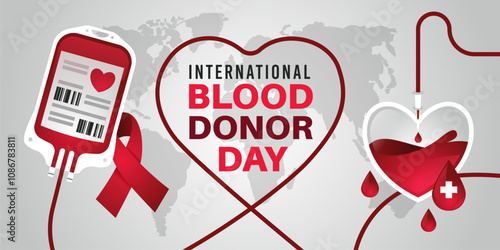 World blood donation day. Medical charity symbols, donor elements, red ribbon and heart, helping and blood transfusion, web banner design, healthcare holiday poster tidy vector concept