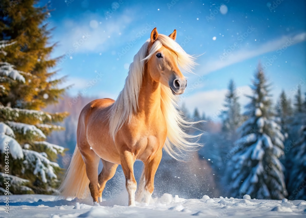 Captivating Winter Scene Featuring a Majestic Palomino Pony in a Snow-Covered Landscape, Perfect for Animal Lovers and Equestrian Enthusiasts