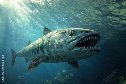 Barracuda Near Surface A sleek barracuda swims close to the water's surface