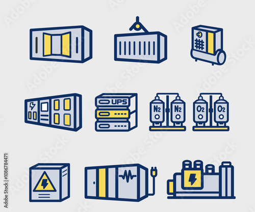 Industrial production icon set. Nitrogen and oxygen generators icon. 