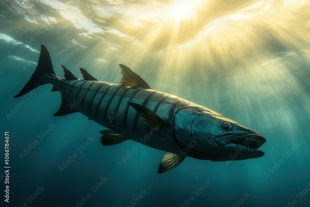 Fototapeta premium Barracuda Near Surface A sleek barracuda swims close to the water's surface