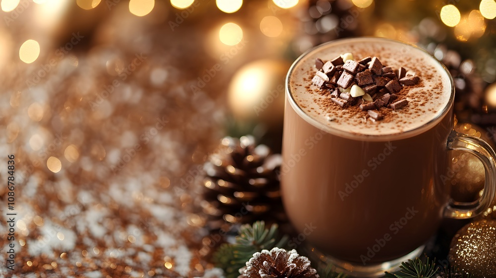 Cozy cacao drink in a cup surrounded by Christmas decorations. Generative AI. Cozy cacao drink in a cup surrounded by Christmas decorations. Generative AI.