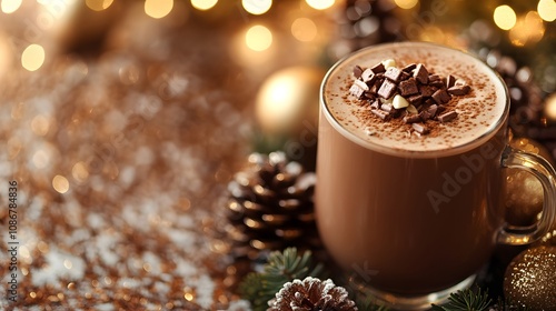 Cozy cacao drink in a cup surrounded by Christmas decorations. Generative AI.