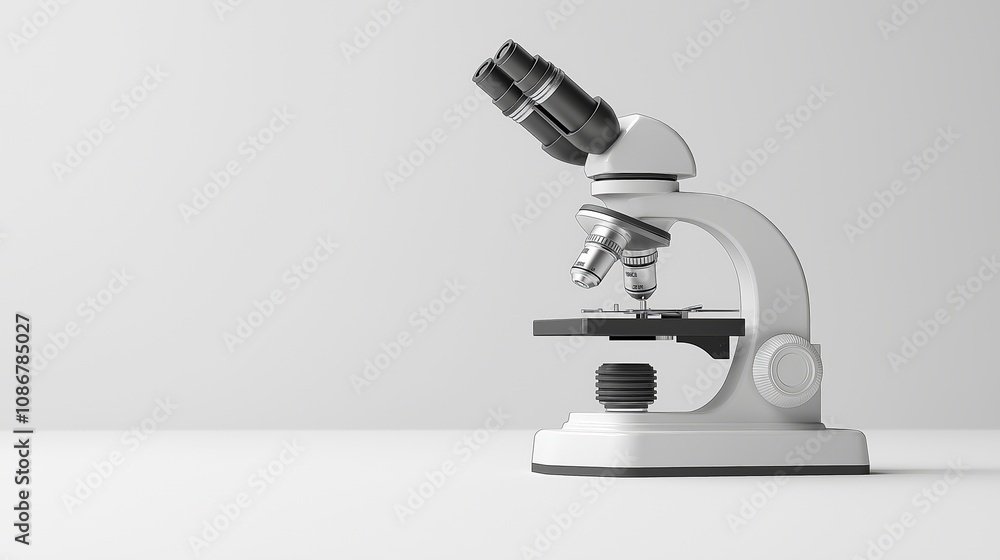 White microscope on table, microscope against white background. Light microscope White microscope on table, microscope against white background. Light microscope