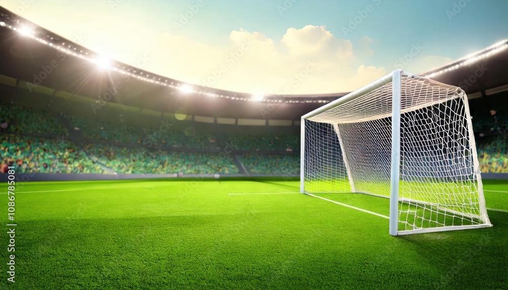 Fototapeta premium Sunlit soccer field with goalposts, viewed from the side. Empty stadium seating in background