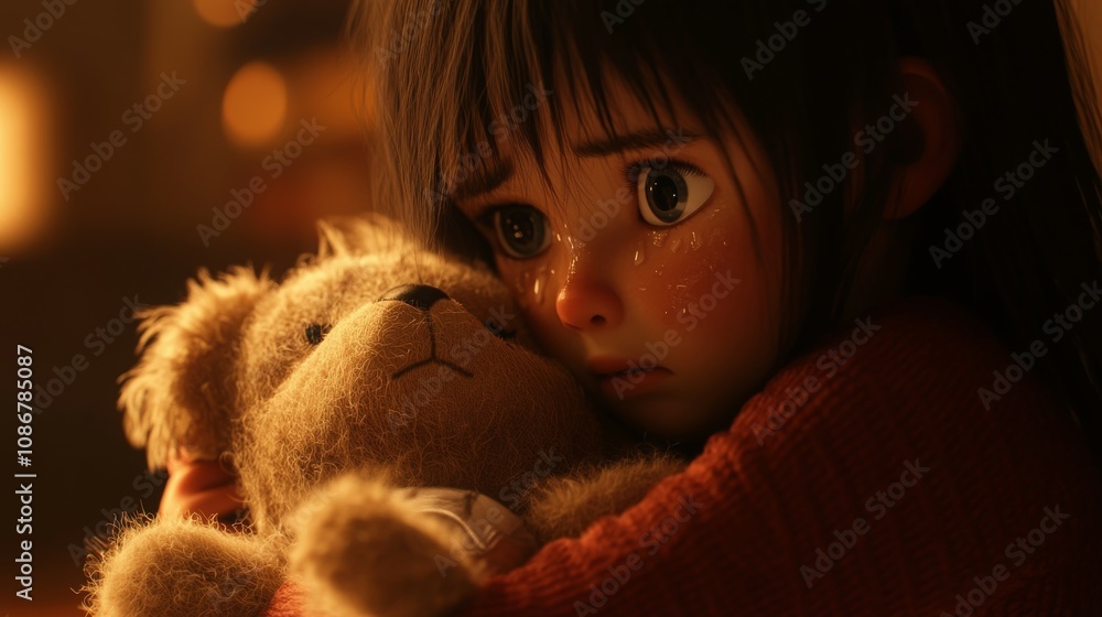 A child with teary eyes, hugging a stuffed animal tightly, showing sadness. Soft, dim lighting in a cozy room with warm tones A child with teary eyes, hugging a stuffed animal tightly, showing sadness. Soft, dim lighting in a cozy room with warm tones
