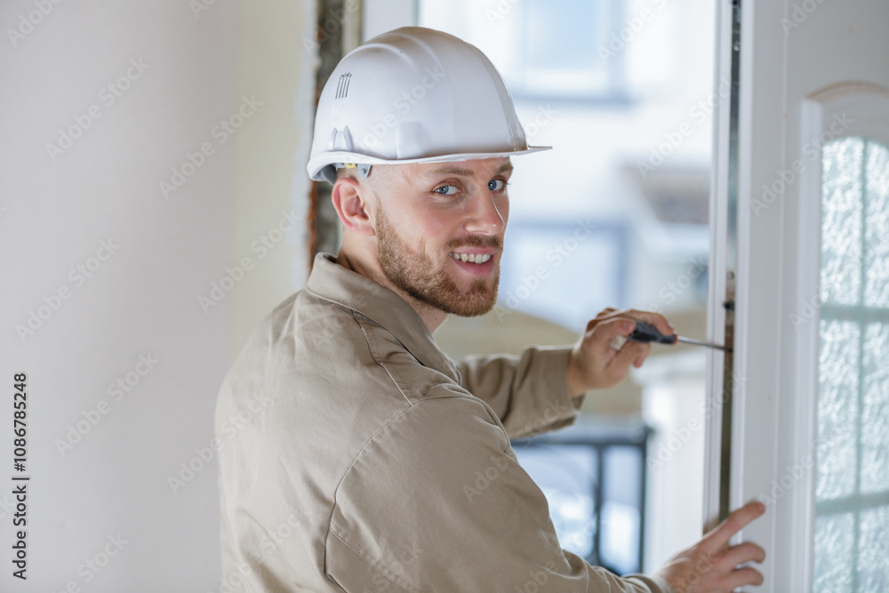 male worker during internal door installation male worker during internal door installation