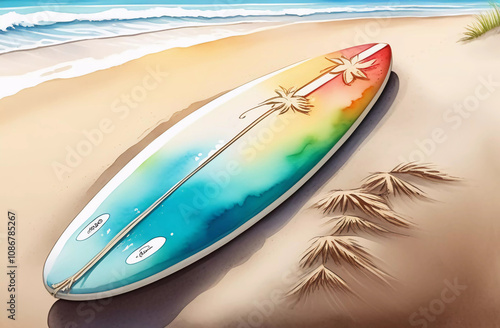 Surfboard sandy beach photo