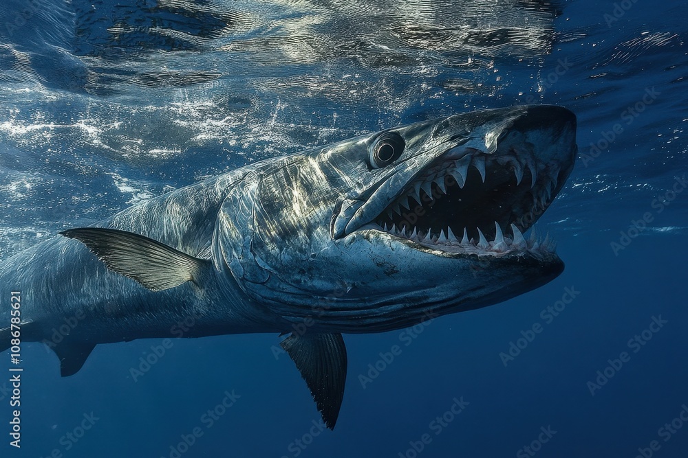 Fototapeta premium Barracuda Near Surface A sleek barracuda swims close to the water's surface