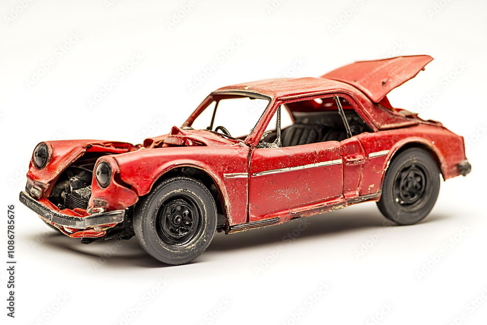 Fototapeta premium A red car with the roof up crashed and twis