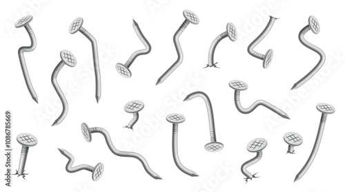 Steel bent nails. Hammered metal elements, joiner connectors, curved silver hobnails, iron carpentry, checkered heads, curved fastening carpentry, building pins nowaday vector isolated set