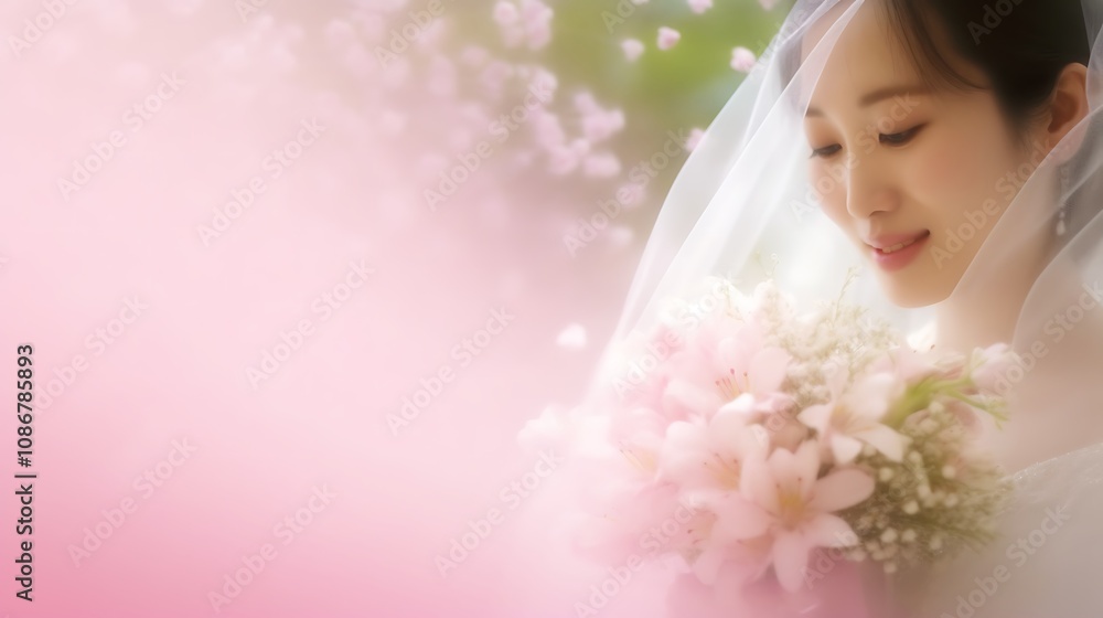 A Bride Under Veil Holds Delicate Pink Flowers A Bride Under Veil Holds Delicate Pink Flowers