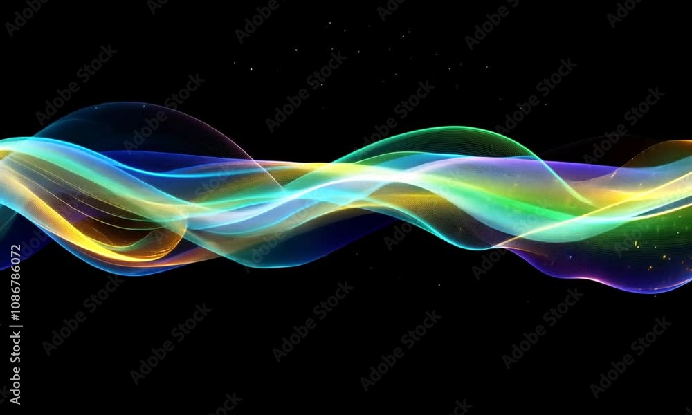 A colorful, abstract wave design with sparkling elements against a black background. A colorful, abstract wave design with sparkling elements against a black background.