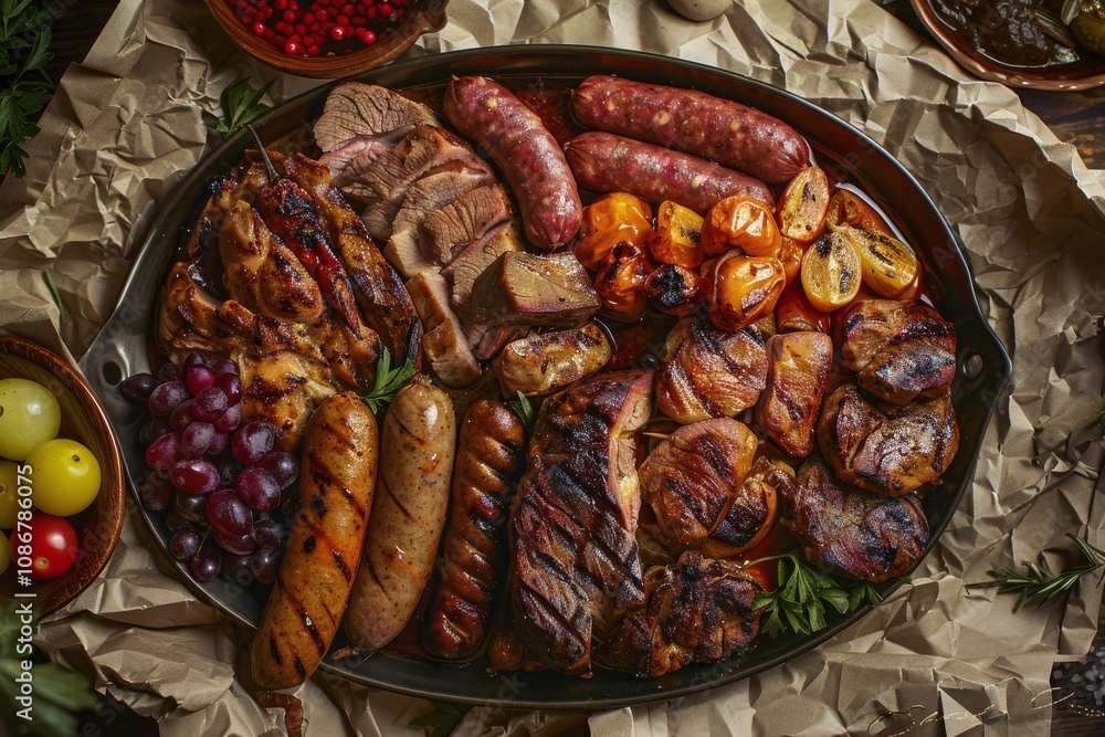 Traditional Azerbaijani Meat Platter with Sujuk, Veal, Chicken and Sausages Top View, Pickled Vegetables Traditional Azerbaijani Meat Platter with Sujuk, Veal, Chicken and Sausages Top View, Pickled Vegetables