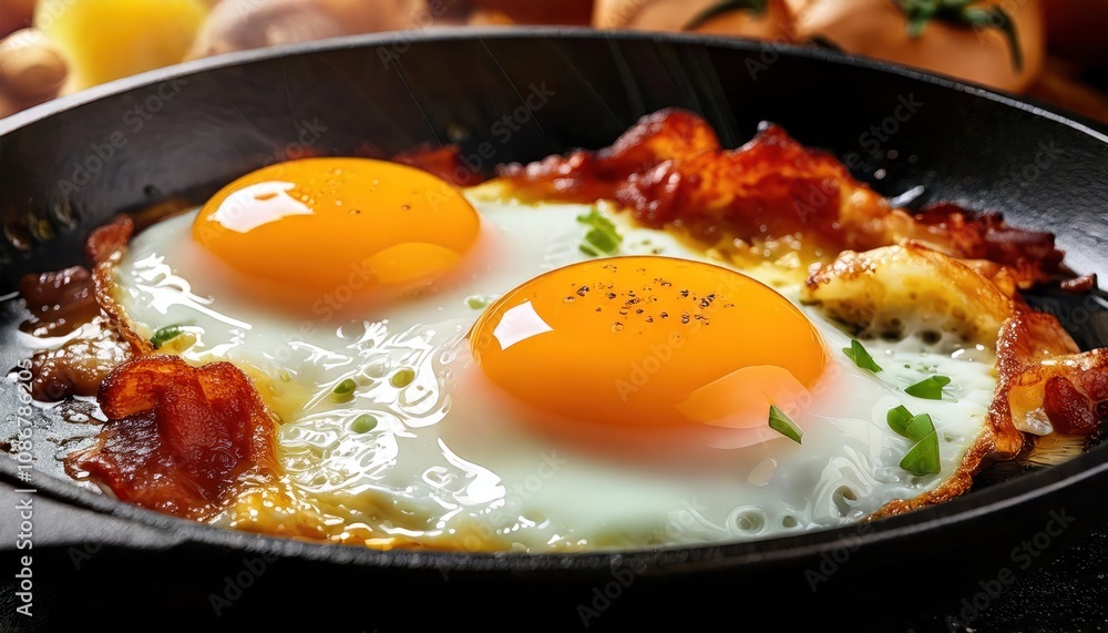 Sunny Side Up Eggs Sizzling in Pan with Fresh, Hearty Homemade Breakfast. Sunny Side Up Eggs Sizzling in Pan with Fresh, Hearty Homemade Breakfast.