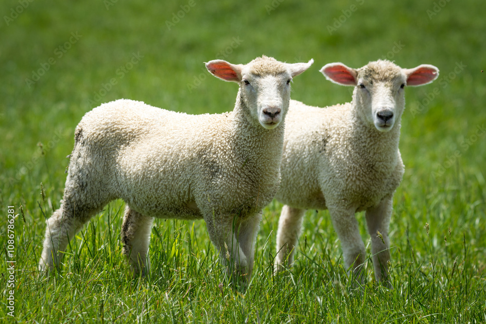 pair of lambs in lush green grassy field pair of lambs in lush green grassy field