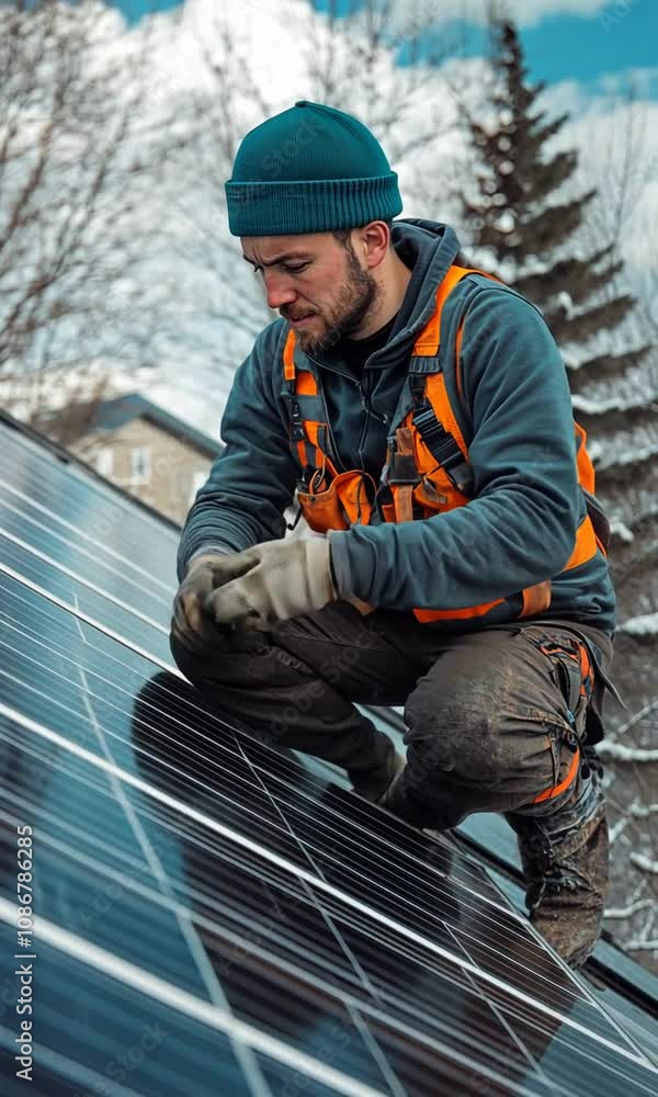 A worker inspects solar panels on a rooftop, highlighting renewable energy efforts. A worker inspects solar panels on a rooftop, highlighting renewable energy efforts.