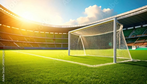 Sunlit soccer field with goalposts, viewed from the side. Empty stadium seating in background