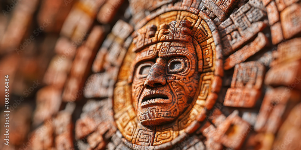 Ancient aztec calendar stone with intricate carvings and detailed face design Ancient aztec calendar stone with intricate carvings and detailed face design