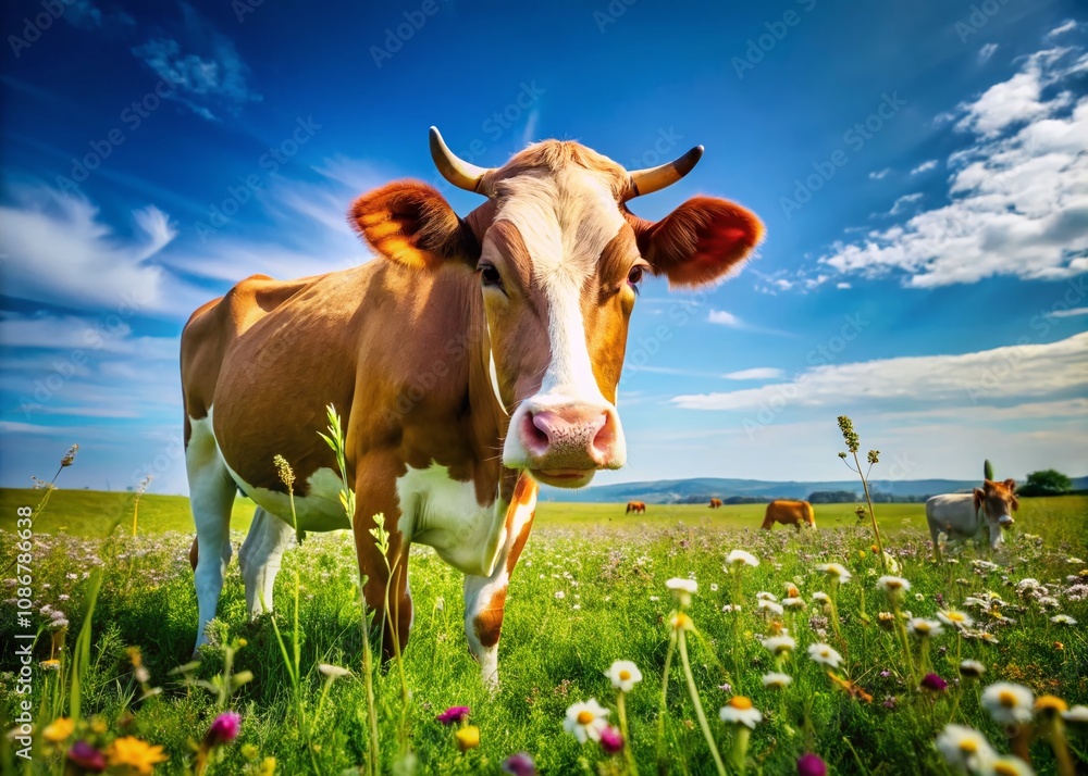 Charming Farm Scene Featuring Clover the Cow Grazing in a Lush Green Pasture Under Bright Blue Skies, Capturing the Essence of Country Life and Serenity Charming Farm Scene Featuring Clover the Cow Grazing in a Lush Green Pasture Under Bright Blue Skies, Capturing the Essence of Country Life and Serenity