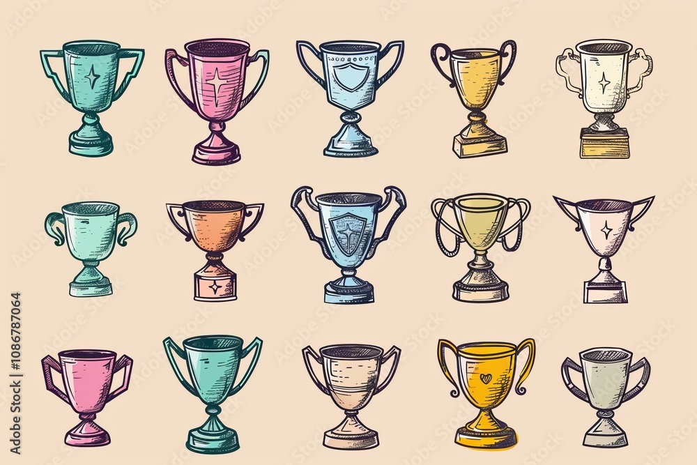 Trophy cups, golden goblet, silver reward, champion bowls. Contest winner award collection, prize cup