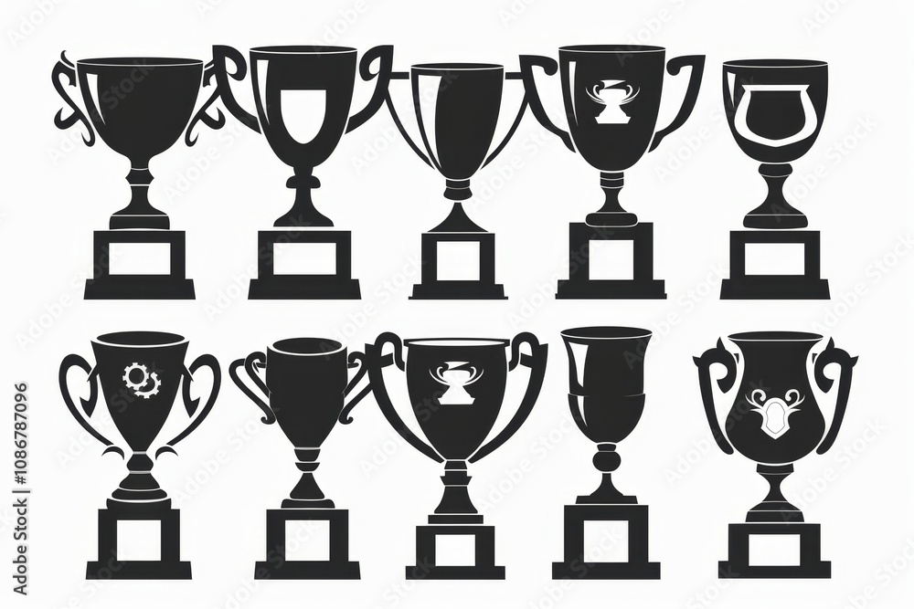 Trophy cups, golden goblet, silver reward, champion bowls. Contest winner award collection, prize cup Trophy cups, golden goblet, silver reward, champion bowls. Contest winner award collection, prize cup
