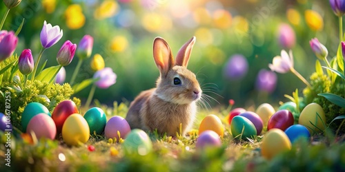 Wallpaper Mural Charming Tilt-Shift Photography of the Easter Bunny Surrounded by Brightly Colored Eggs in a Lush Spring Garden, Perfect for Celebrating the Joy of Easter and Springtime Festivities Torontodigital.ca
