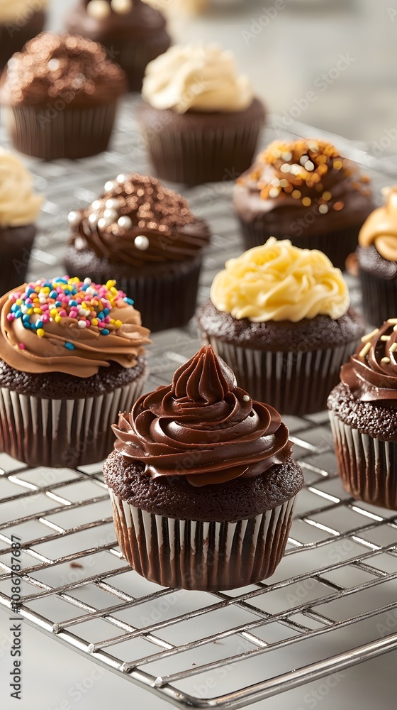 A variety of cupcakes with different fillings and decorations are arranged on an industrial wire rack in a bakery setting. A variety of cupcakes with different fillings and decorations are arranged on an industrial wire rack in a bakery setting.